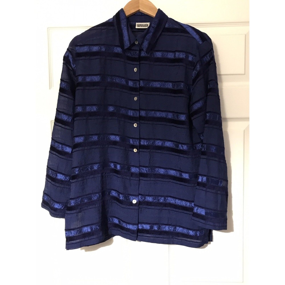 Chico's Design Blue sheer blouse striped size1 = to Medium 8 button up
